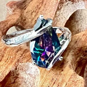 Pear Shaped Mystic Topaz Silver Wrap Around Ring With CZ Clear Accent Stones 8.5